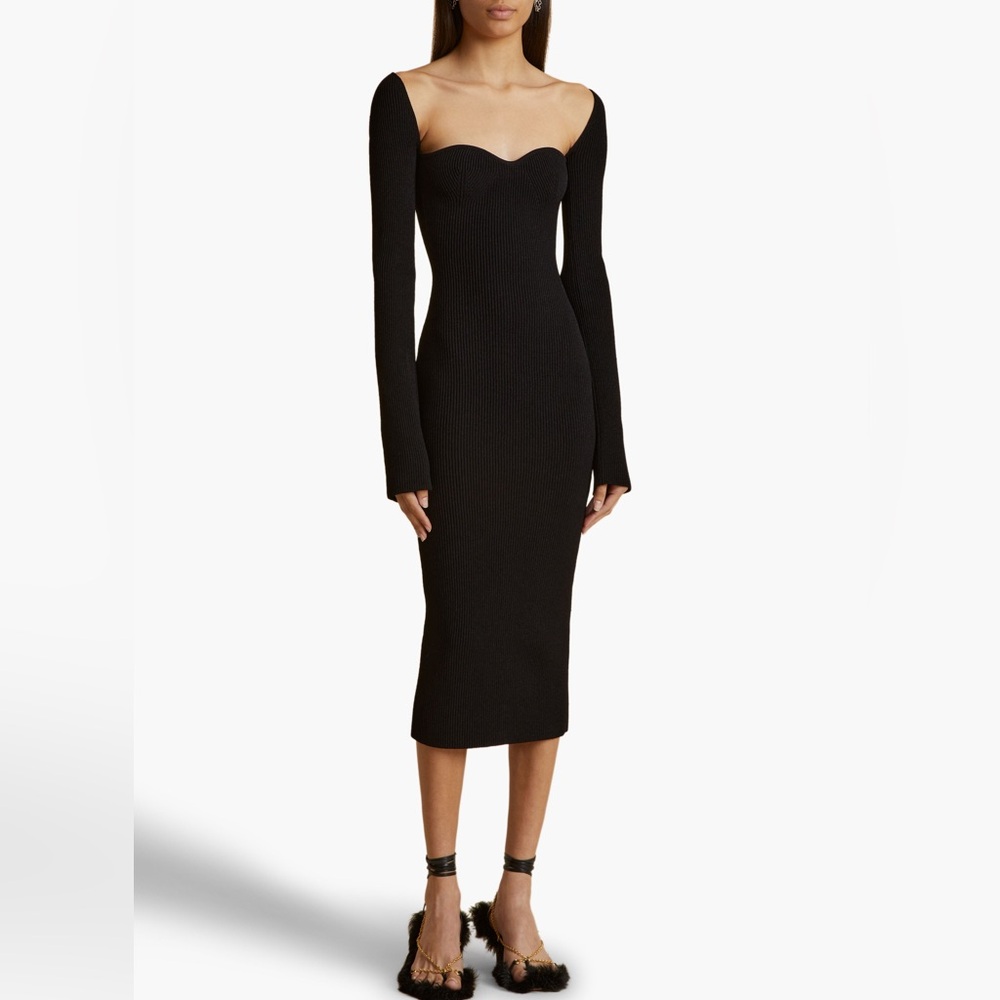 Khaite Beth black ribbed long sleeve midi dress
